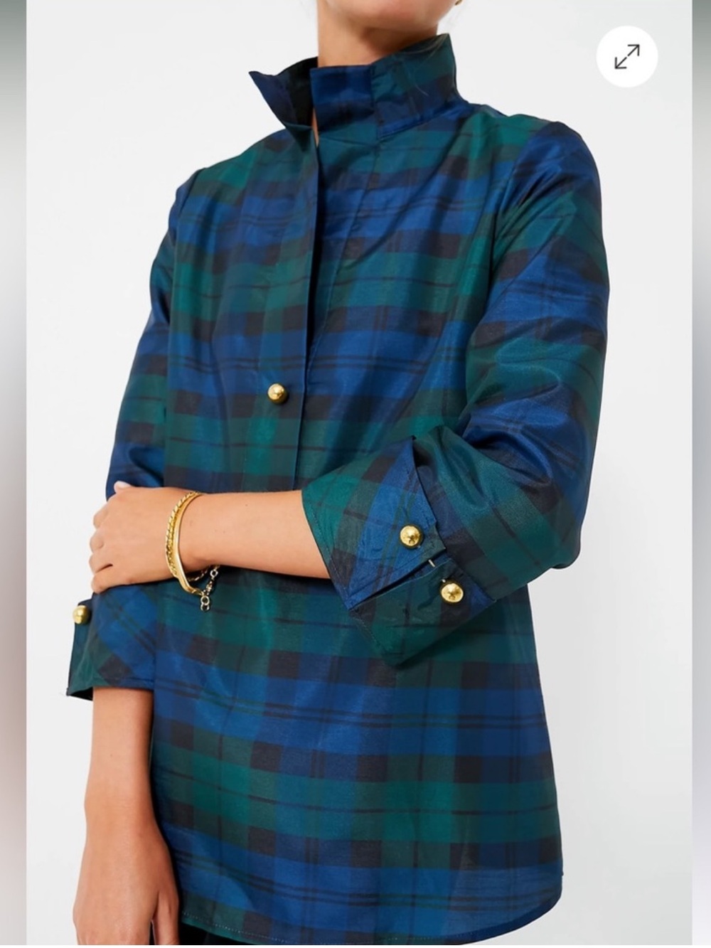 Tuckernuck Celine French Cuff Tartan Plaid Tunic Blouse Gold Button Preppy Sz S - Picture 2 of 6